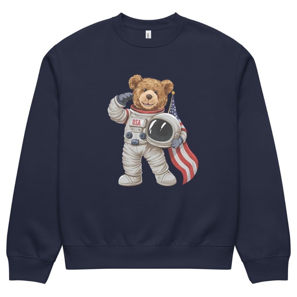 Navy blue sweatshirt with a teddy bear astronaut graphic on a white background