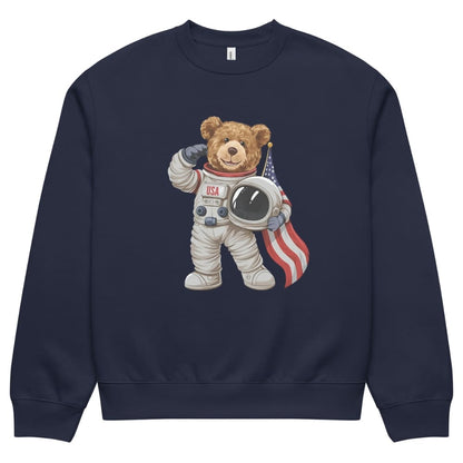 Navy blue sweatshirt with a teddy bear astronaut graphic on a white background