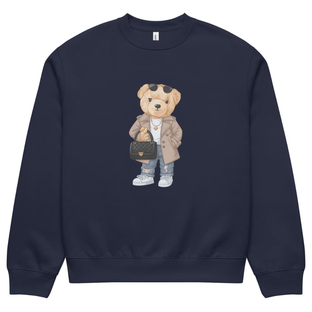 Navy blue sweatshirt with a teddy bear graphic holding a handbag on a white background