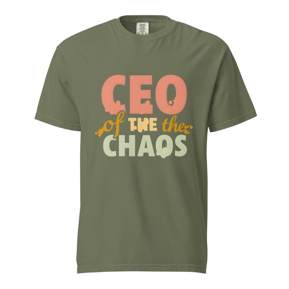 CEO of the Chaos” printed on a heavyweight cotton t-shirt in soft pastel ink, laid flat with a minimal lifestyle background.