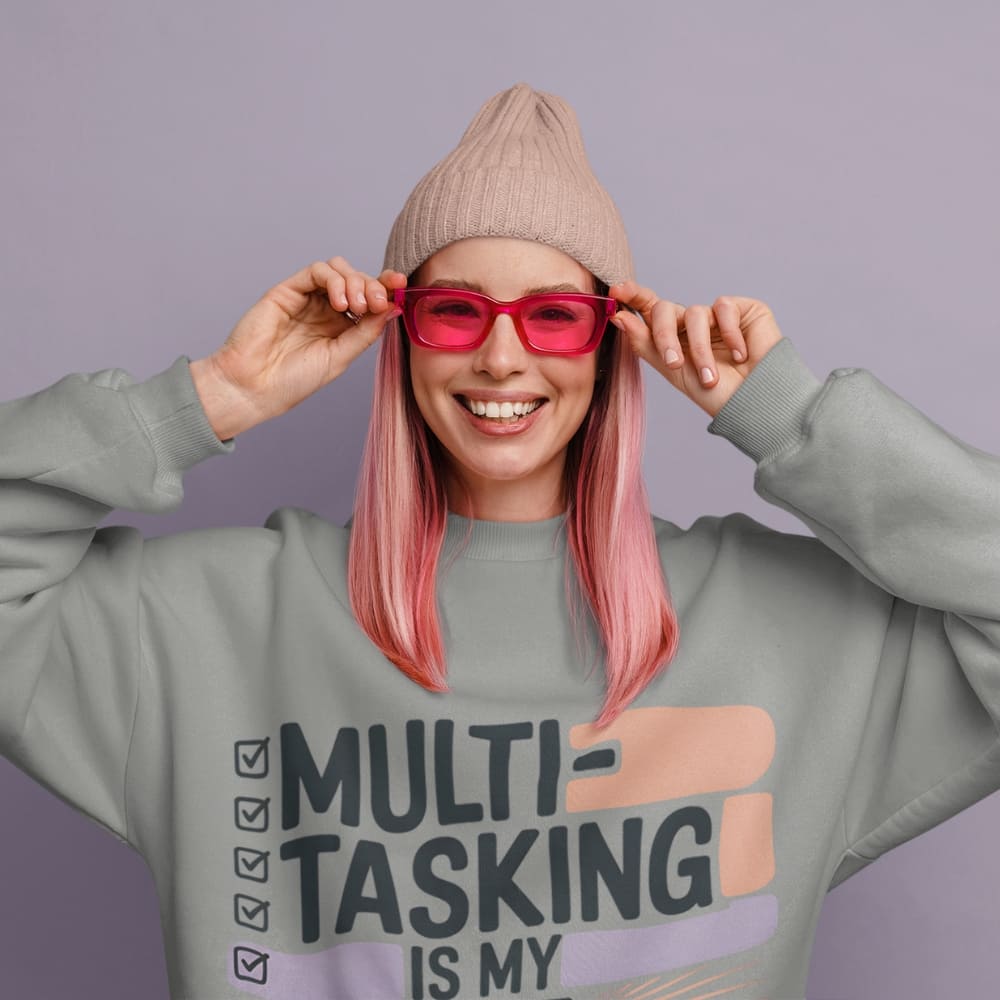 Sweatshirt design with text “Multitasking Is My Love Language” in colorful pastel blocks and checkboxes, printed on vintage-style cotton fleece.
