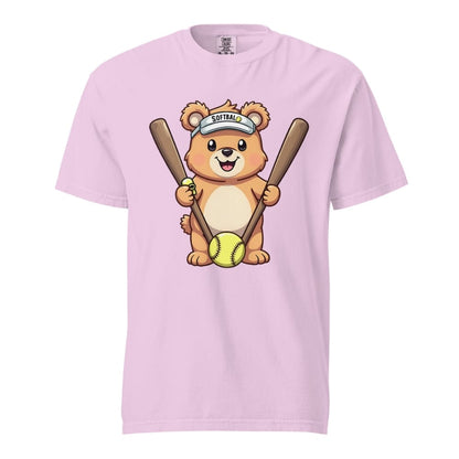 Cartoon bear holding softball bats and ball wearing a visor labeled “Softball” – printed on garment-dyed heavyweight t-shirt for sporty moms