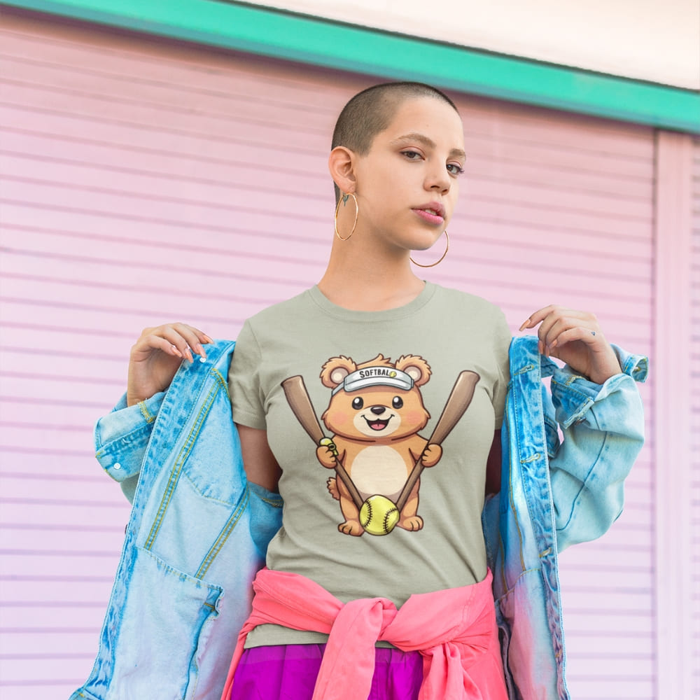 Cartoon bear holding softball bats and ball wearing a visor labeled “Softball” – printed on garment-dyed heavyweight t-shirt for sporty moms