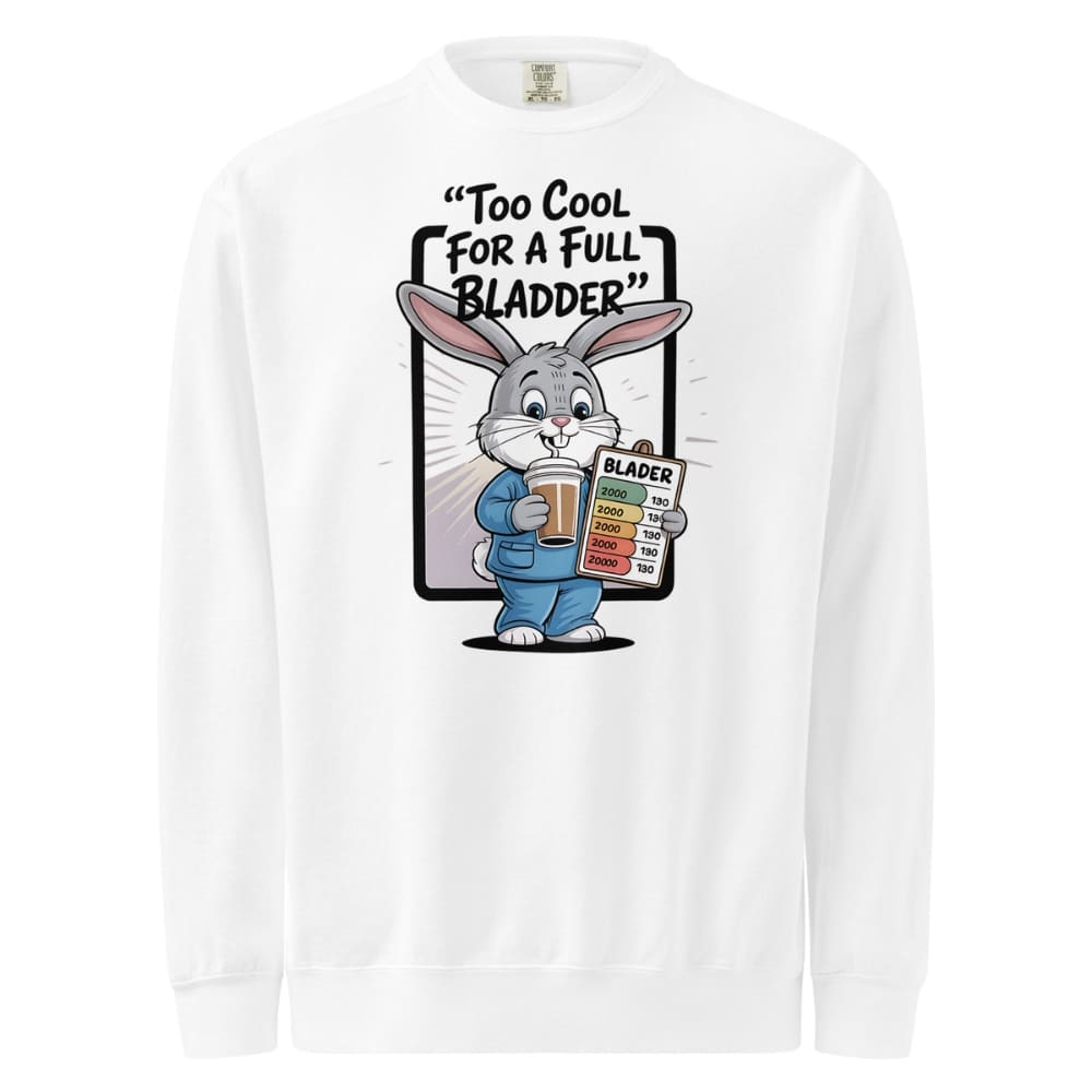 White long-sleeve shirt with cartoon rabbit design and text 'Too Cool for a Full Bladder' on a white background