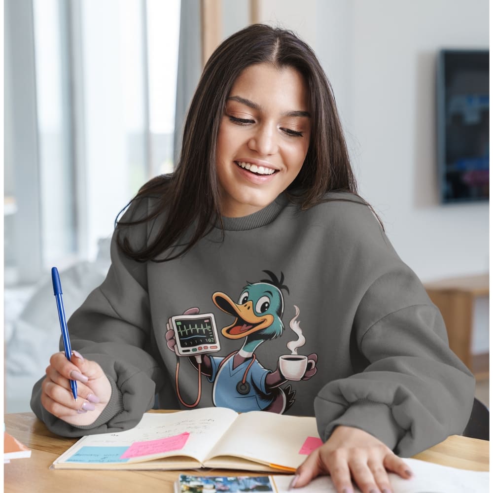 Woman wearing a sweatshirt with a cartoon character, sitting at a table with an open book and pen.