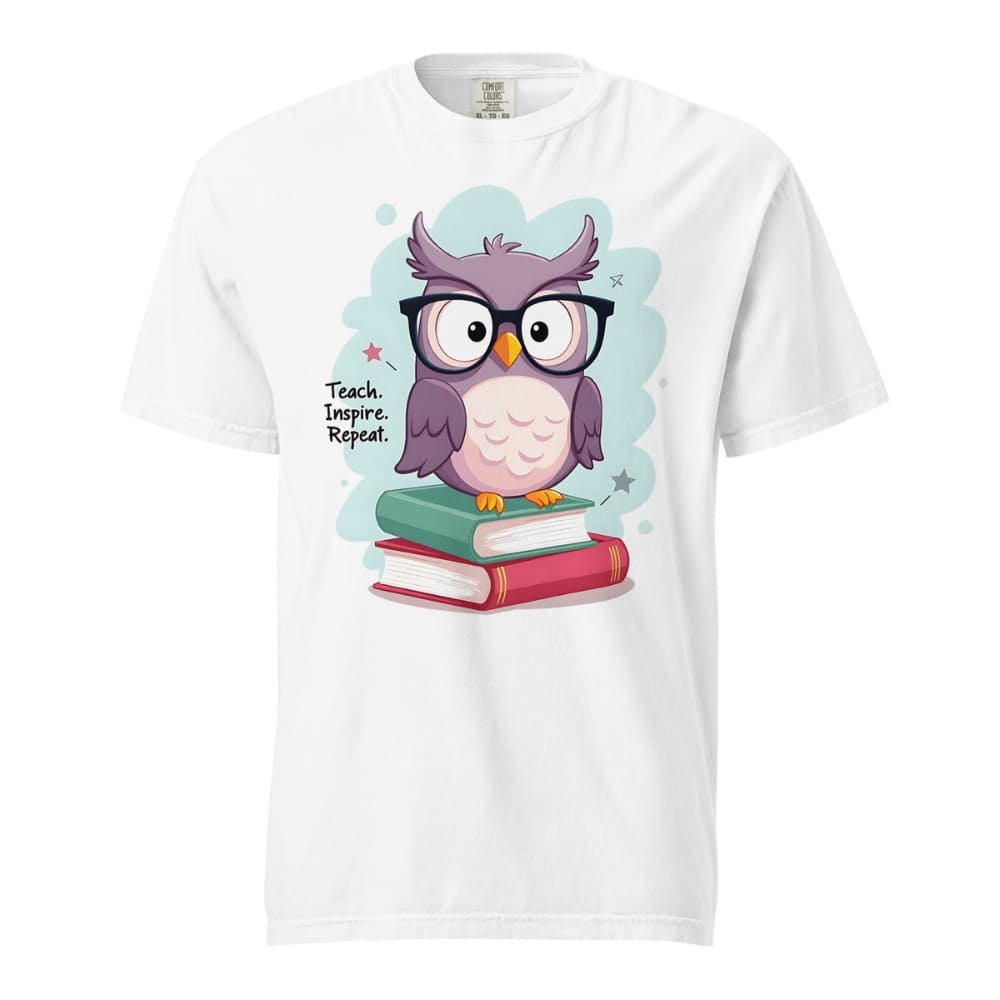 Cute purple owl with glasses sitting on stacked books, with quote "Teach. Inspire. Repeat." – printed on a teacher t-shirt