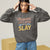 “Mommin' Ain’t Easy But I Slay” retro-style DTG printed design in peach, blue, and yellow on vintage garment-dyed fleece sweatshirt