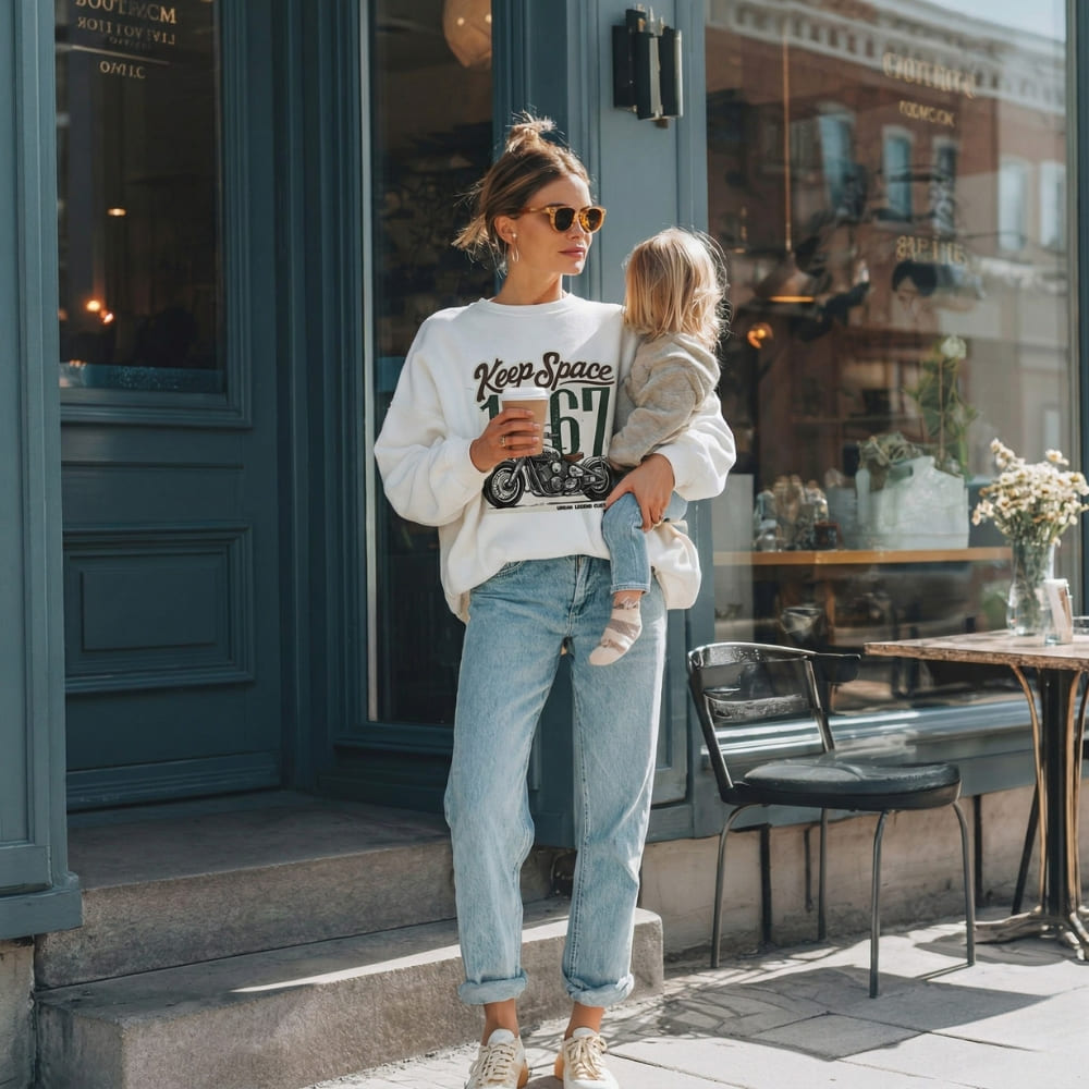 Woman wearing a white sweatshirt, holding a child and a coffee cup, standing outside a cafe.