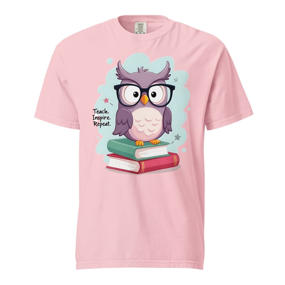 Cute purple owl with glasses sitting on stacked books, with quote "Teach. Inspire. Repeat." – printed on a teacher t-shirt