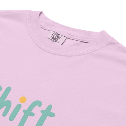 “Shift Happens – Nurse Edition” pastel text design printed on a thick garment-dyed cotton t-shirt, perfect for nurses and healthcare professionals with a sense of humor.