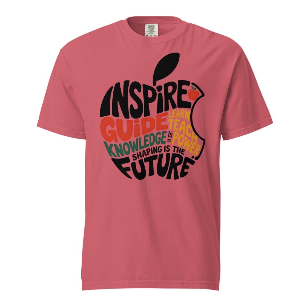 Pink t-shirt with an apple graphic and text on a white background