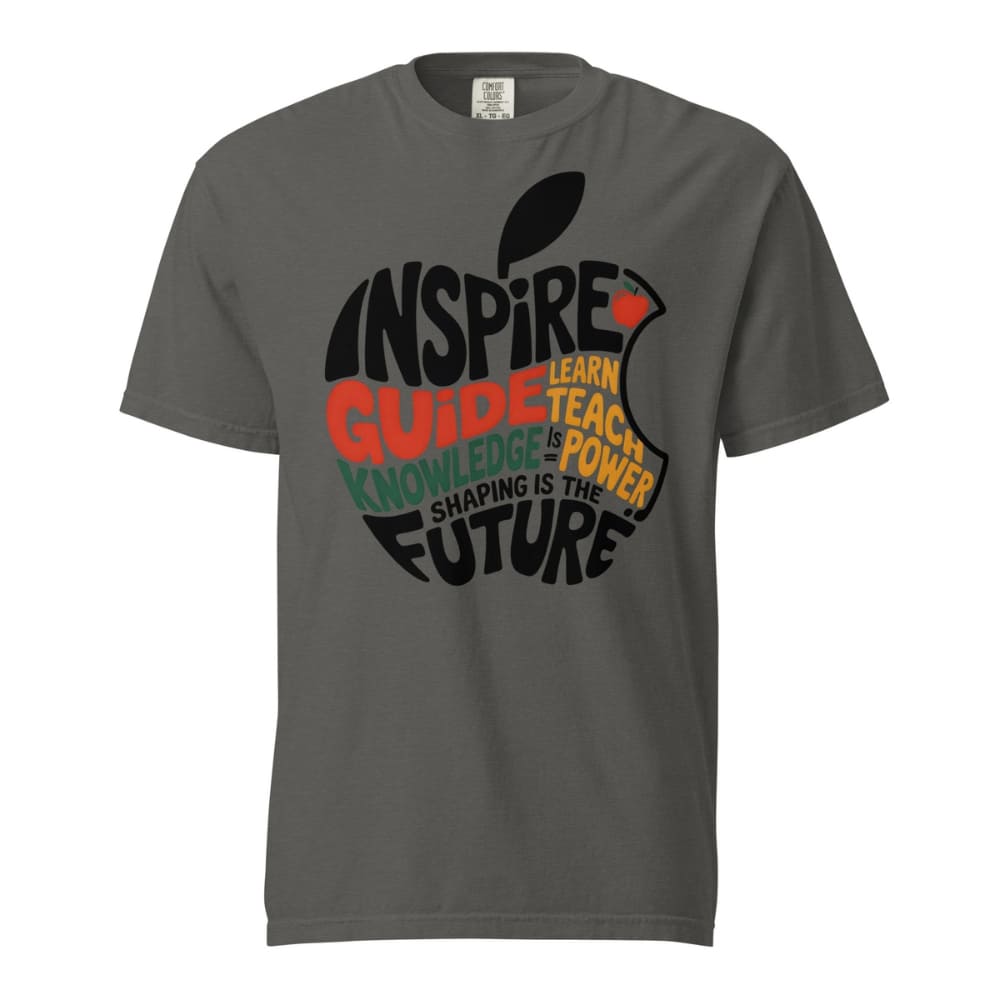 Gray t-shirt with an apple design and motivational text on a white background