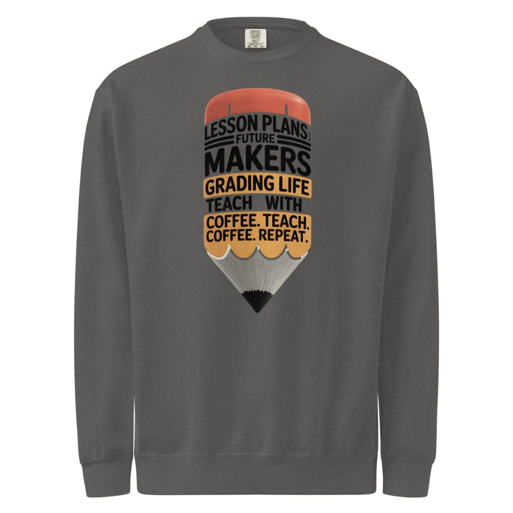 Gray sweatshirt with a pencil graphic and text on a white background