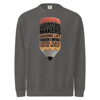 Gray sweatshirt with a pencil graphic and text on a white background