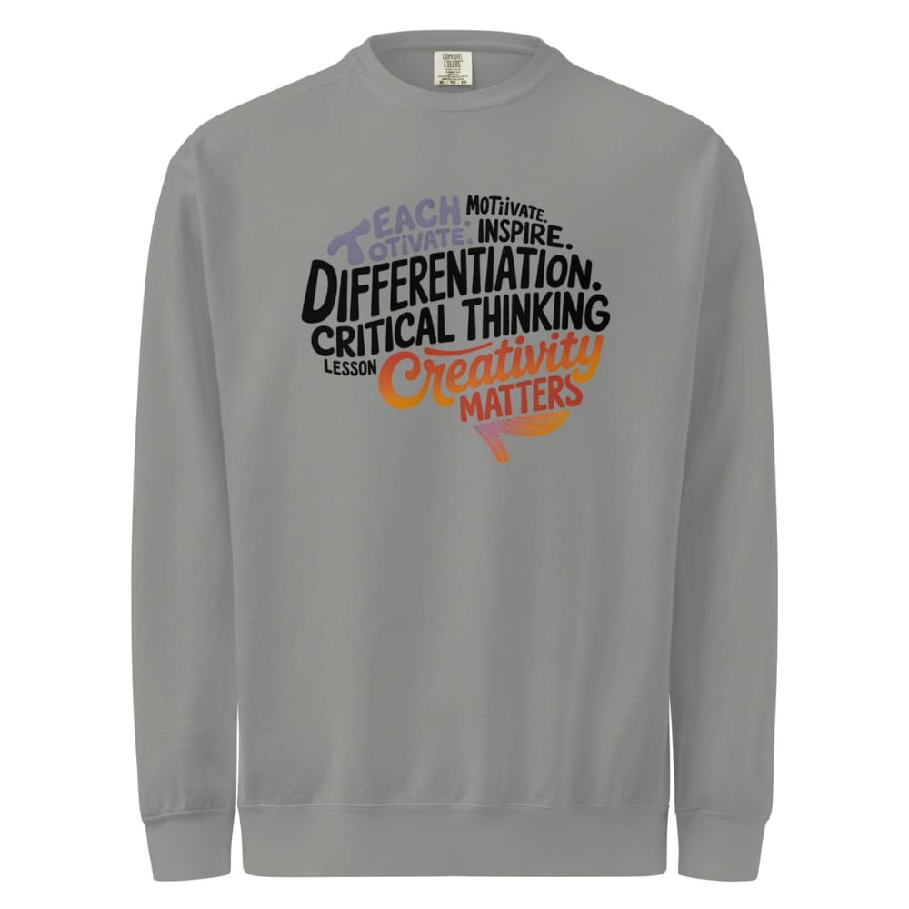 Gray sweatshirt with motivational text design on a white background