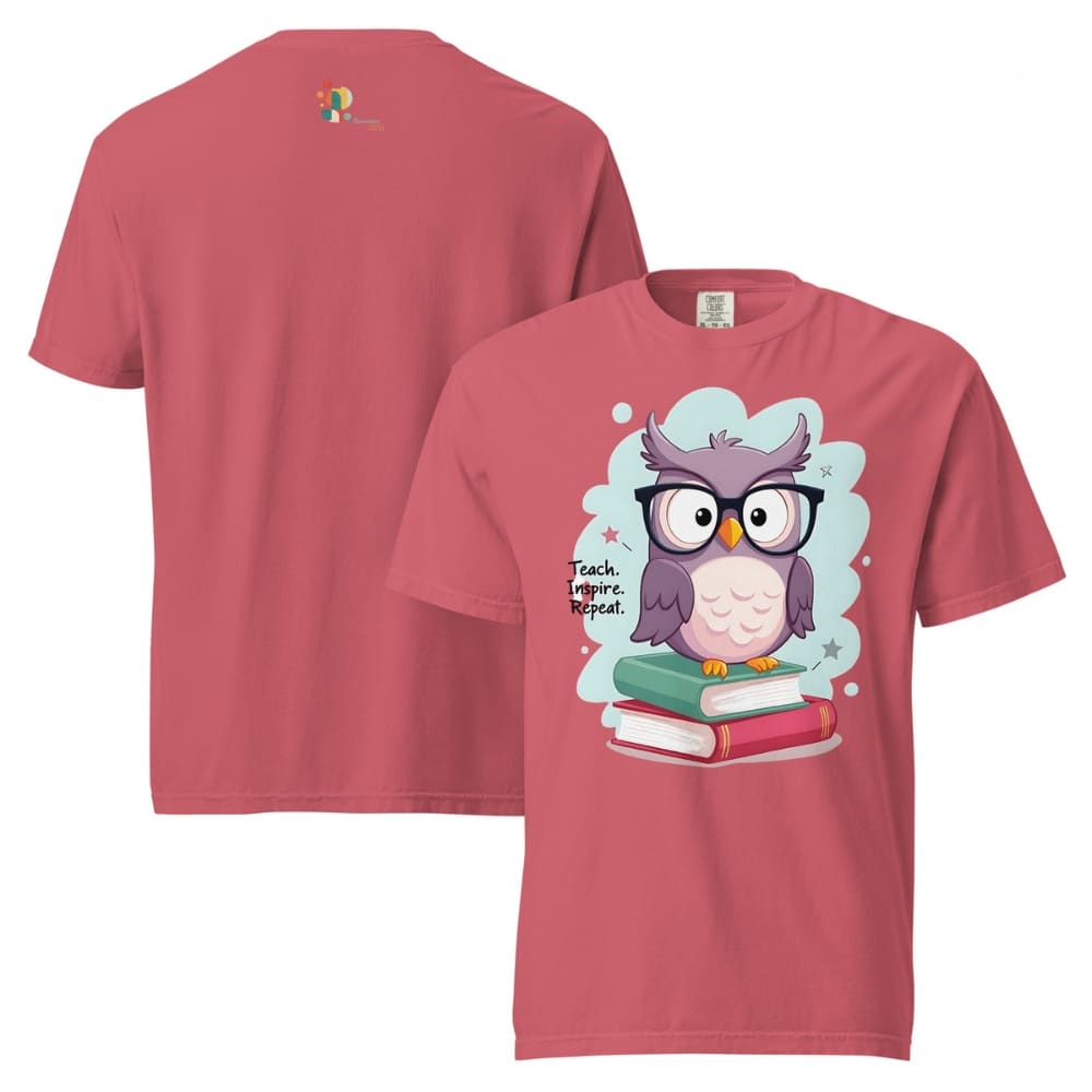 Cute purple owl with glasses sitting on stacked books, with quote "Teach. Inspire. Repeat." – printed on a teacher t-shirt