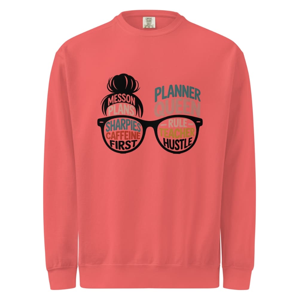 Coral sweatshirt with graphic design and text on a white background