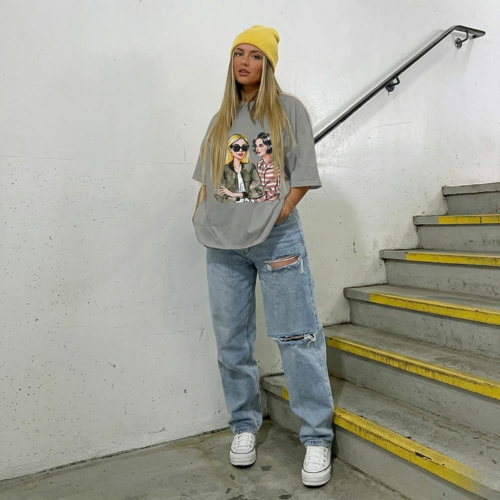 Person wearing a graphic gray t-shirt, jeans, and yellow beanie standing on stairs with a white wall background