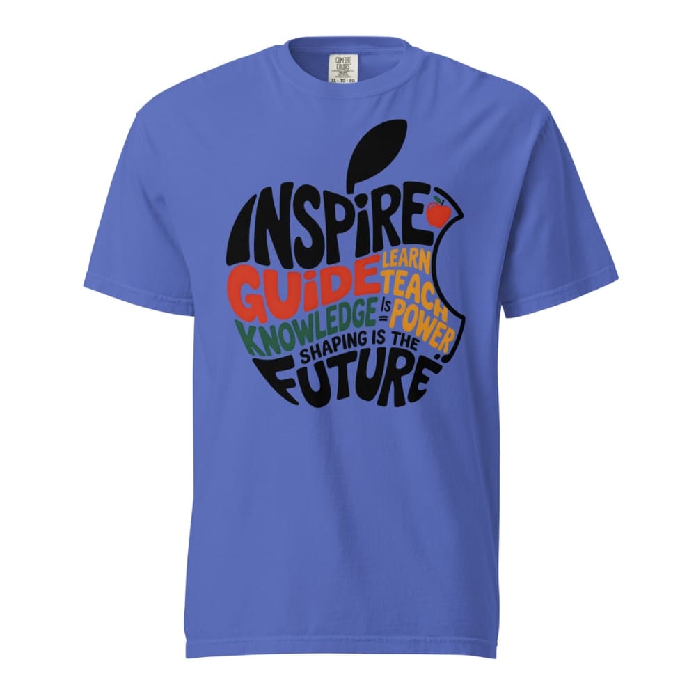 Blue t-shirt with an apple graphic and motivational text on a white background