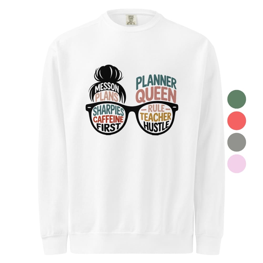 White long-sleeve shirt with colorful text and graphic design on a white background