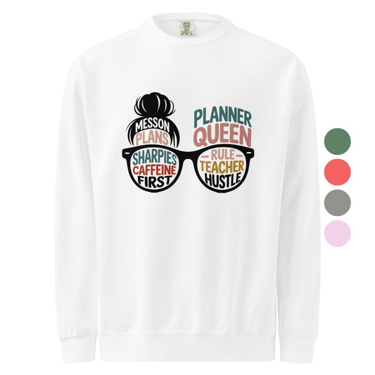 White long-sleeve shirt with colorful text and graphic design on a white background