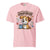 Pink t-shirt with a cartoon dog holding a mug and text 'Grading Papers & Droppin' Knowledge' on a white background.