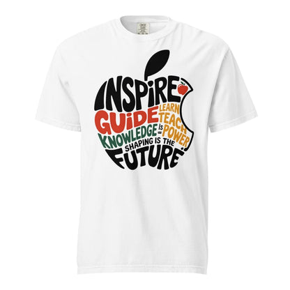 White t-shirt with educational-themed design on a white background