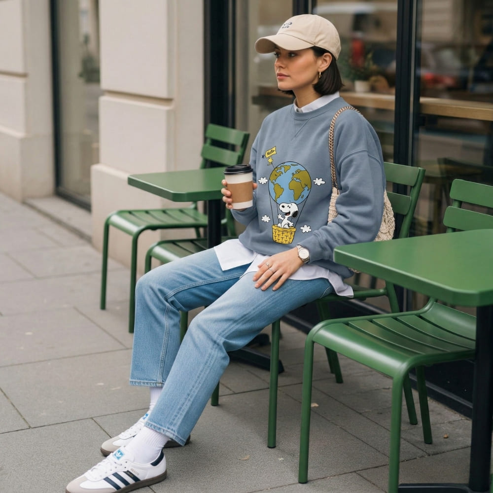 Person sitting at an outdoor cafe table holding a coffee cup