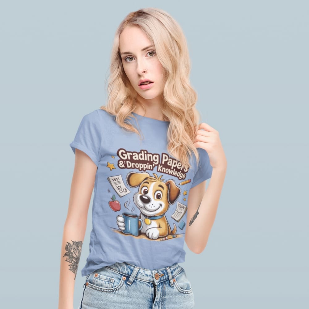 Woman wearing a blue t-shirt with a cartoon dog and text on a light gray background