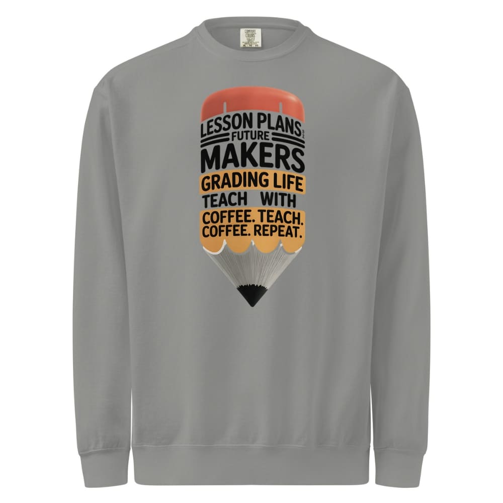 Gray sweatshirt with a pencil graphic and text on a white background