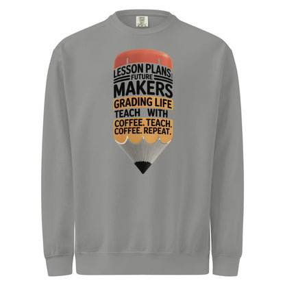 Gray sweatshirt with a pencil graphic and text on a white background