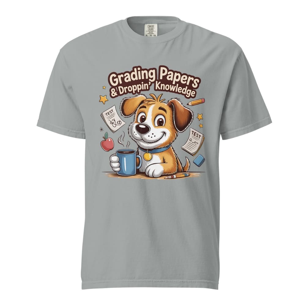 Cartoon teacher dog with coffee mug, papers, and pencil surrounded by stars with the quote "Grading Papers & Droppin’ Knowledge"