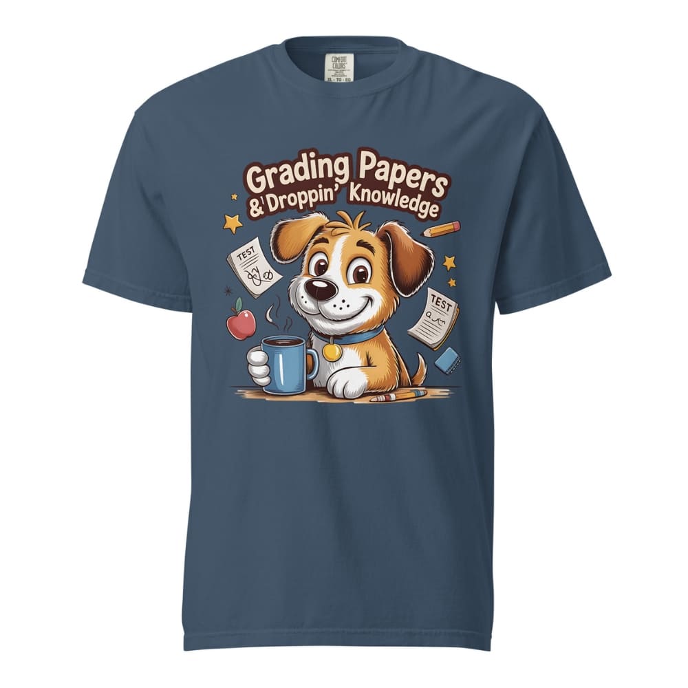 Cartoon teacher dog with coffee mug, papers, and pencil surrounded by stars with the quote "Grading Papers & Droppin’ Knowledge"