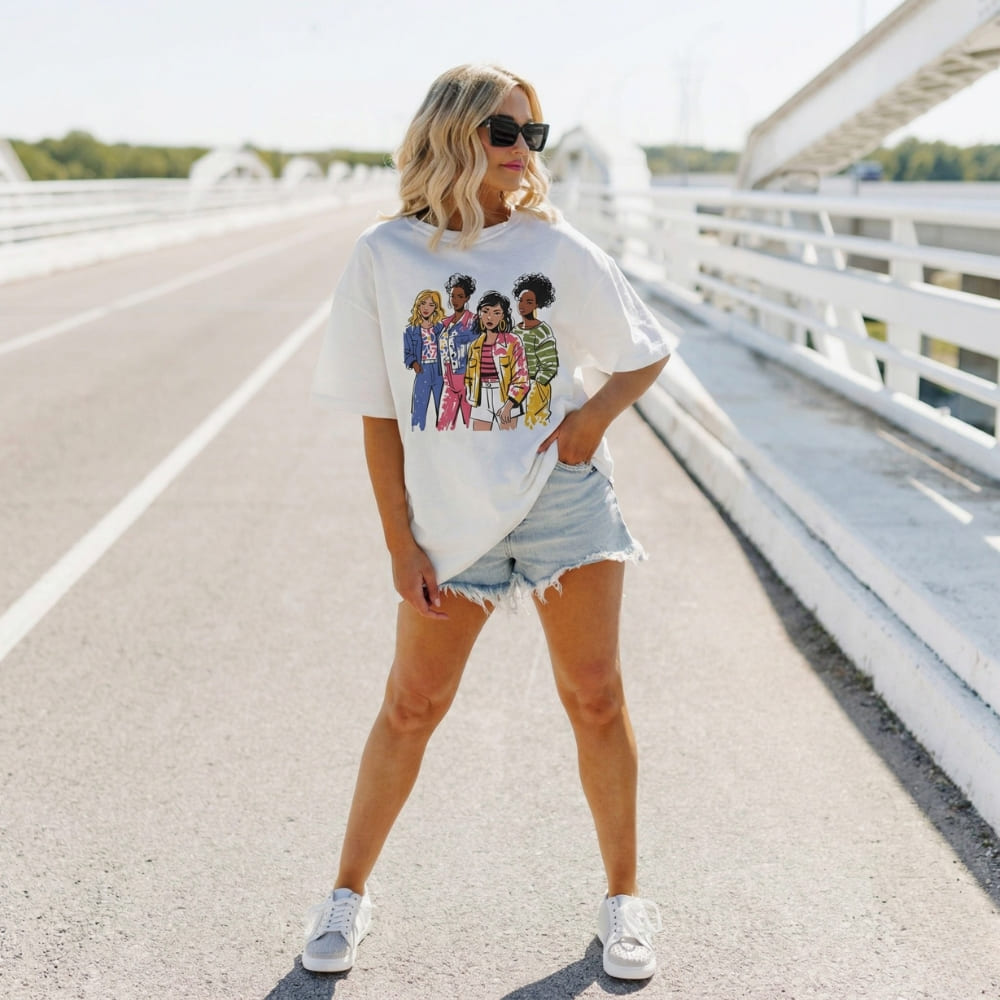 Woman wearing a graphic white t-shirt on a bridge