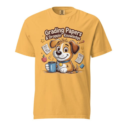 Yellow t-shirt with a cartoon dog holding a coffee cup and text 'Grading Papers & Dropping Knowledge' on a white background.