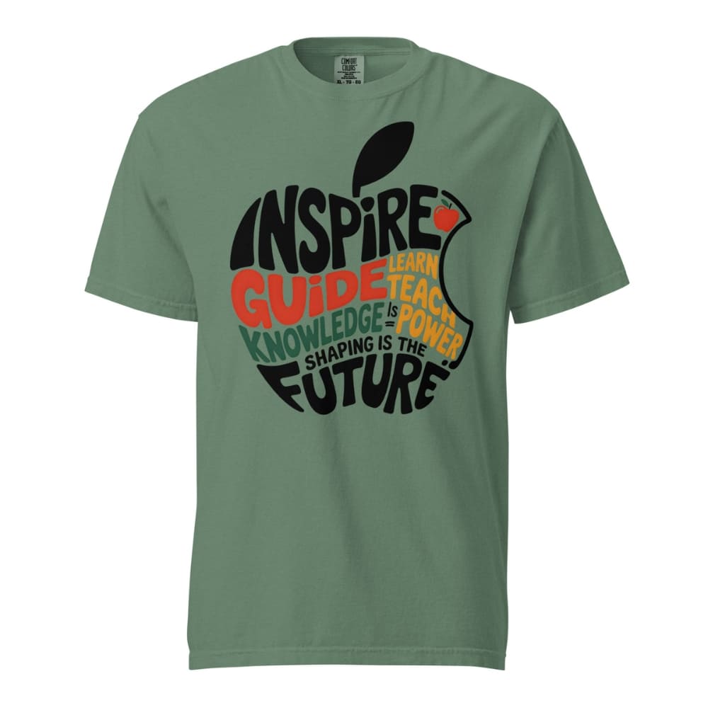 Green t-shirt with an apple design and motivational text on a white background