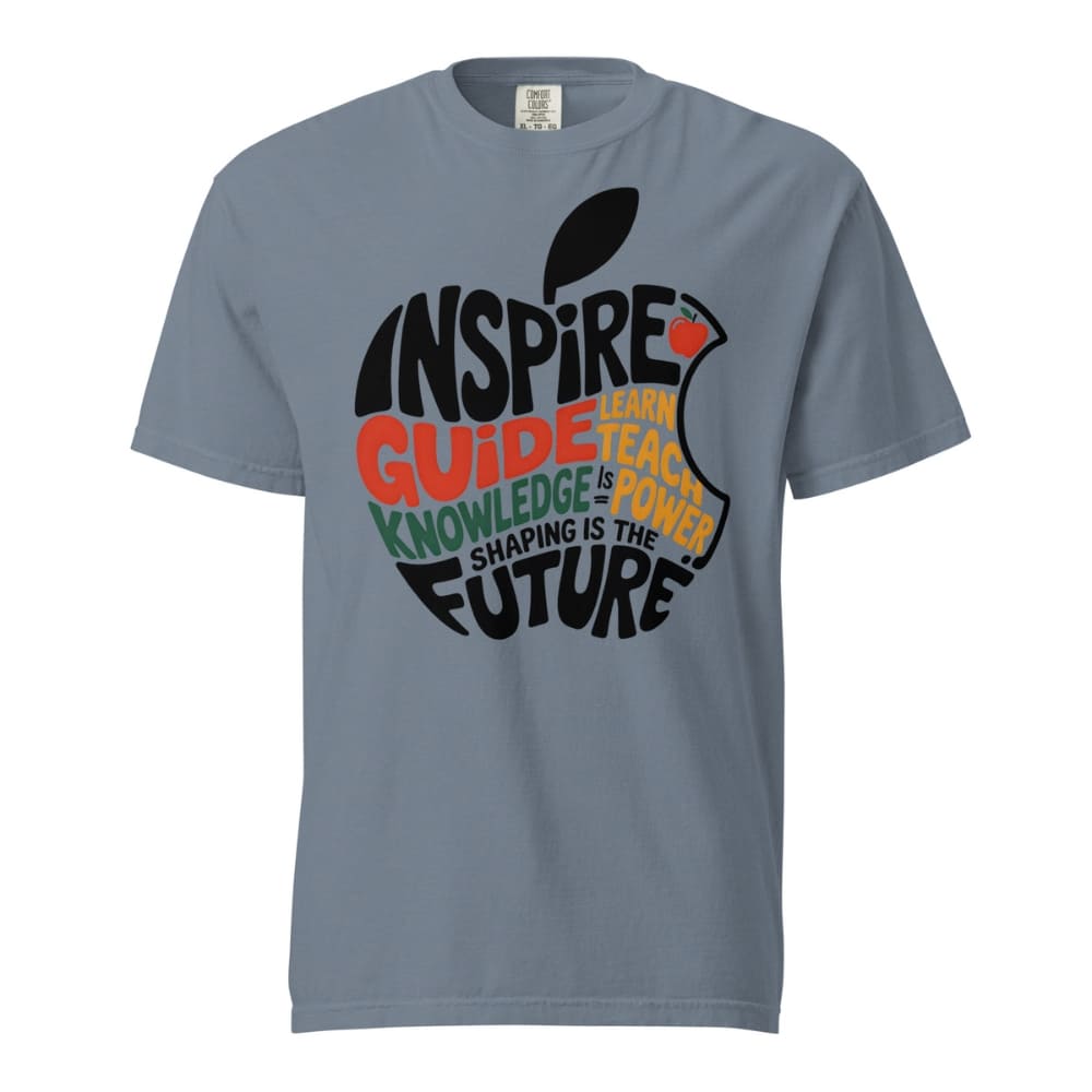Gray t-shirt with an apple graphic and motivational text on a white background