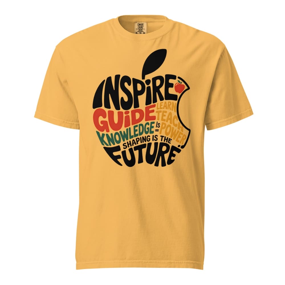 Yellow t-shirt with an apple graphic and motivational text on a white background