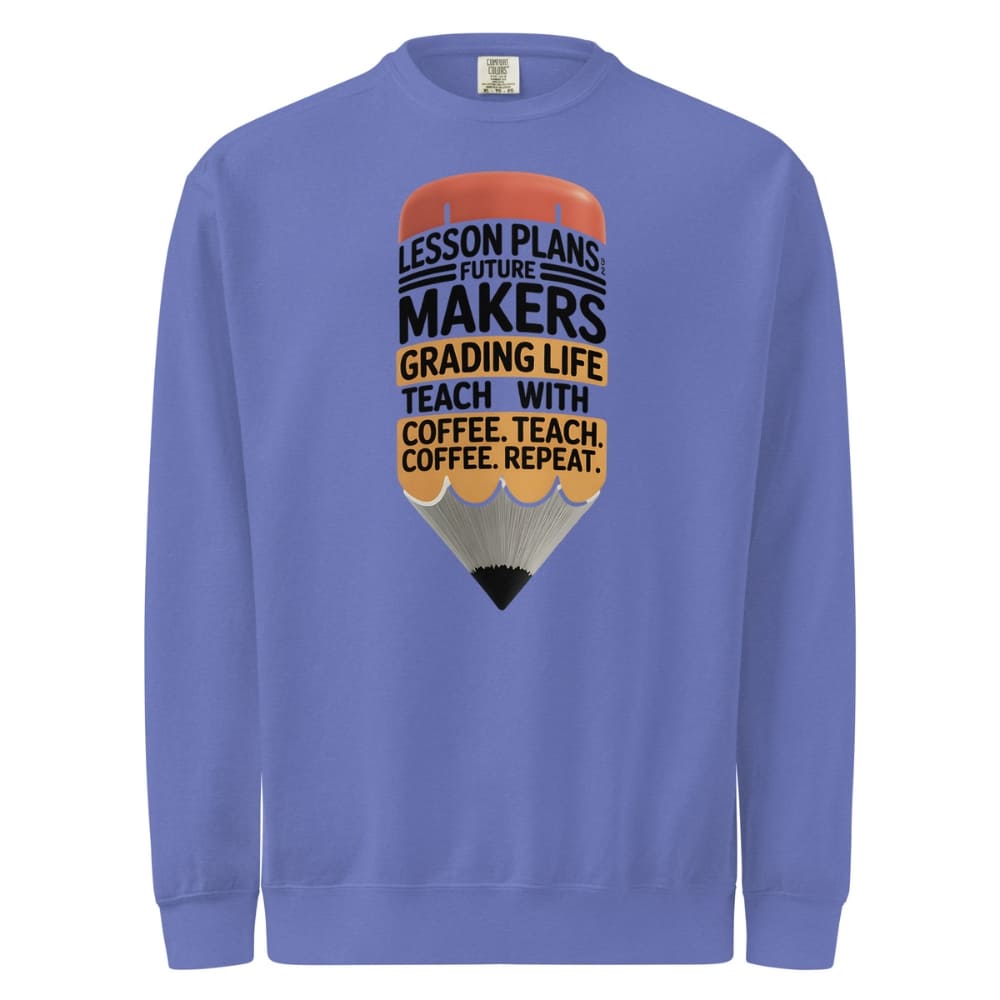 Blue sweatshirt with a pencil graphic and text on a white background