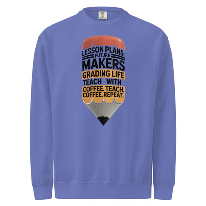 Blue sweatshirt with a pencil graphic and text on a white background