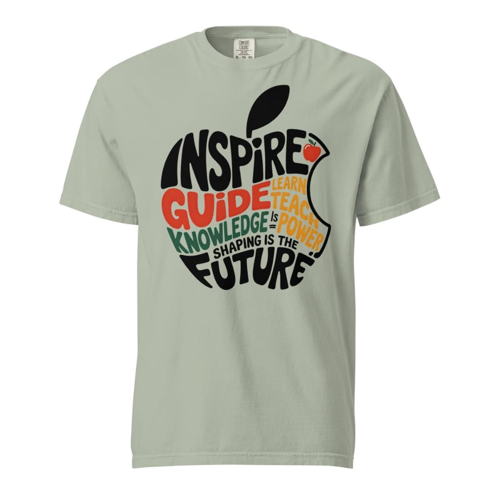 Light gray t-shirt with an apple graphic and motivational text on a white background