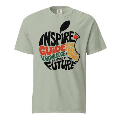 Light gray t-shirt with an apple graphic and motivational text on a white background