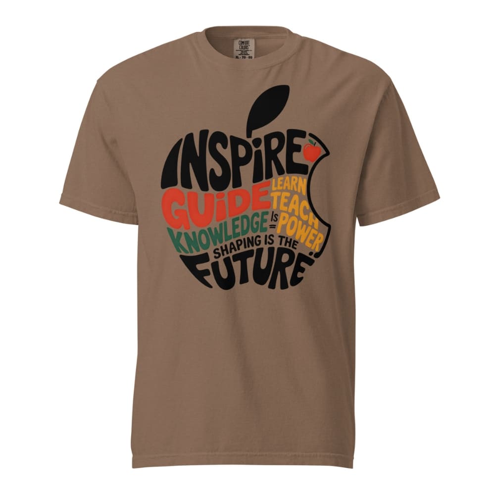 Brown t-shirt with an apple graphic and motivational text on a white background