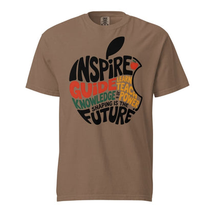 Brown t-shirt with an apple graphic and motivational text on a white background