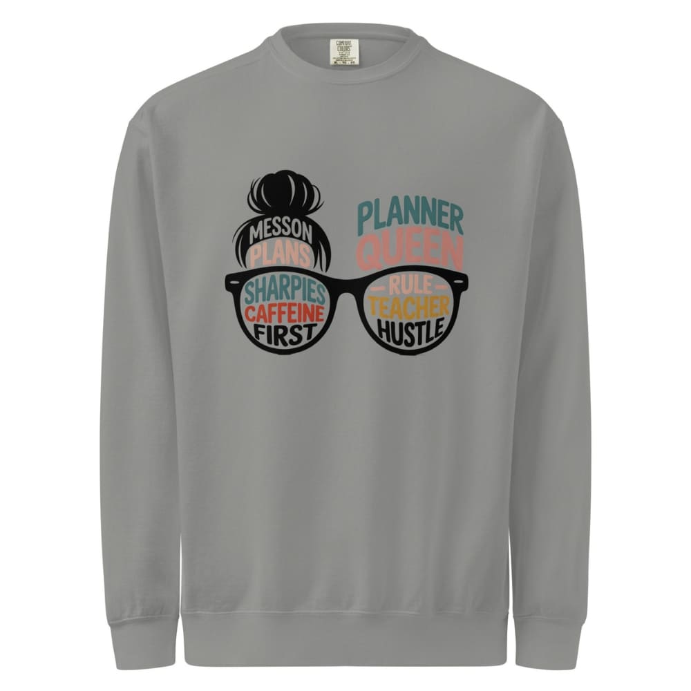 Gray sweatshirt with graphic design and text on a white background