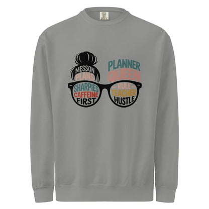 Gray sweatshirt with graphic design and text on a white background