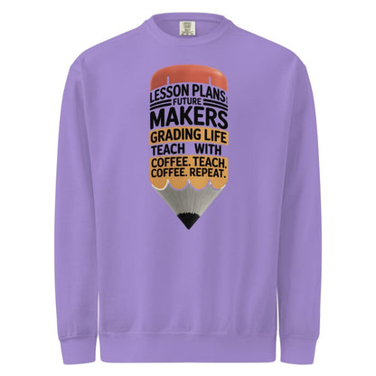 Purple sweatshirt with a pencil graphic and text on a white background