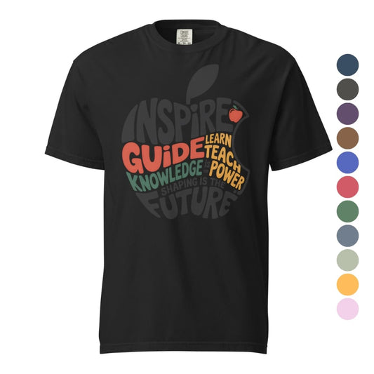 Black t-shirt with colorful text design on a white background