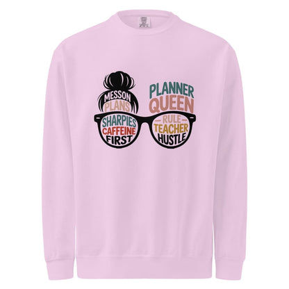 Pink sweatshirt with graphic design and text on a white background
