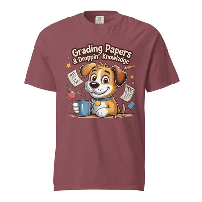 Maroon t-shirt with a cartoon dog holding a mug and text 'Grading Papers & Dropping Knowledge' on a white background.